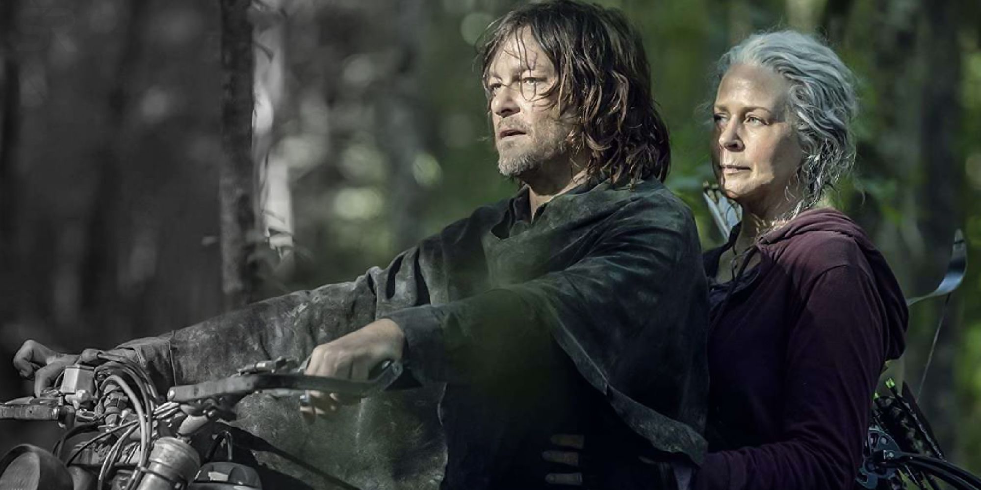 Daryl and Carol riding his bike in The Walking Dead