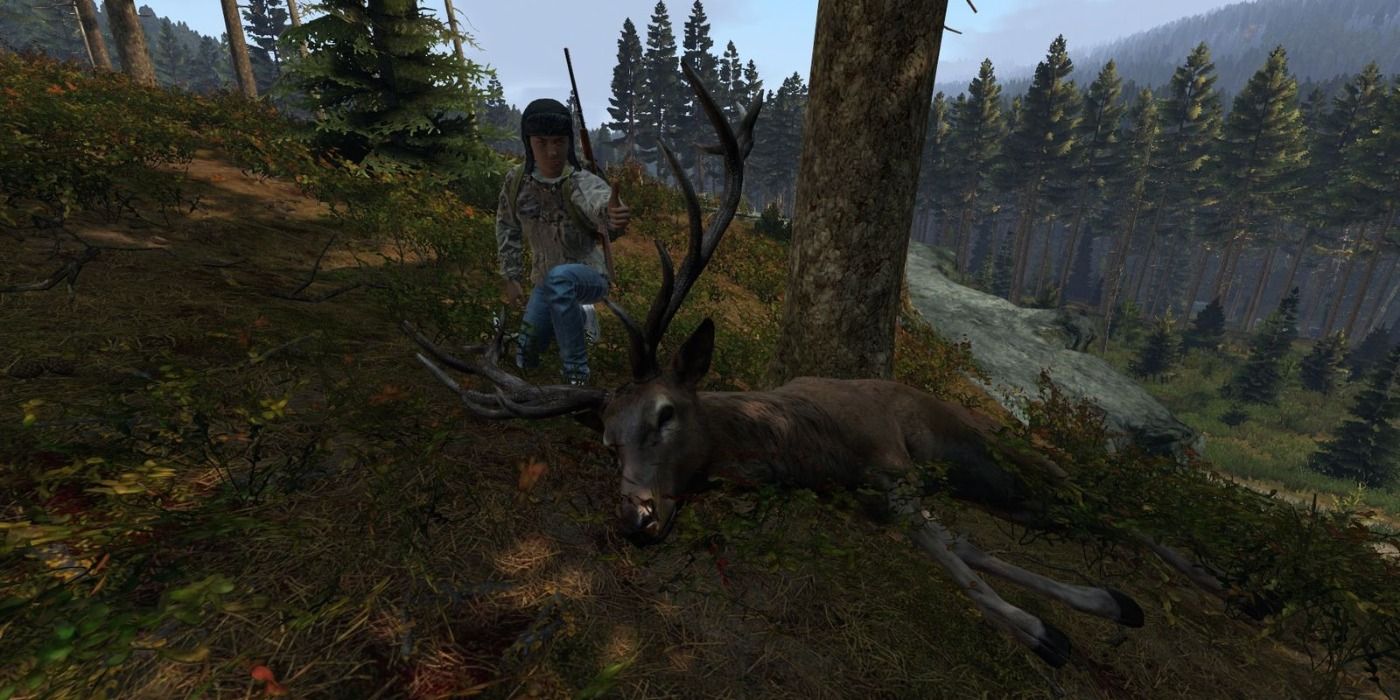 The player sitting next to a freshly killed dear in DayZ.