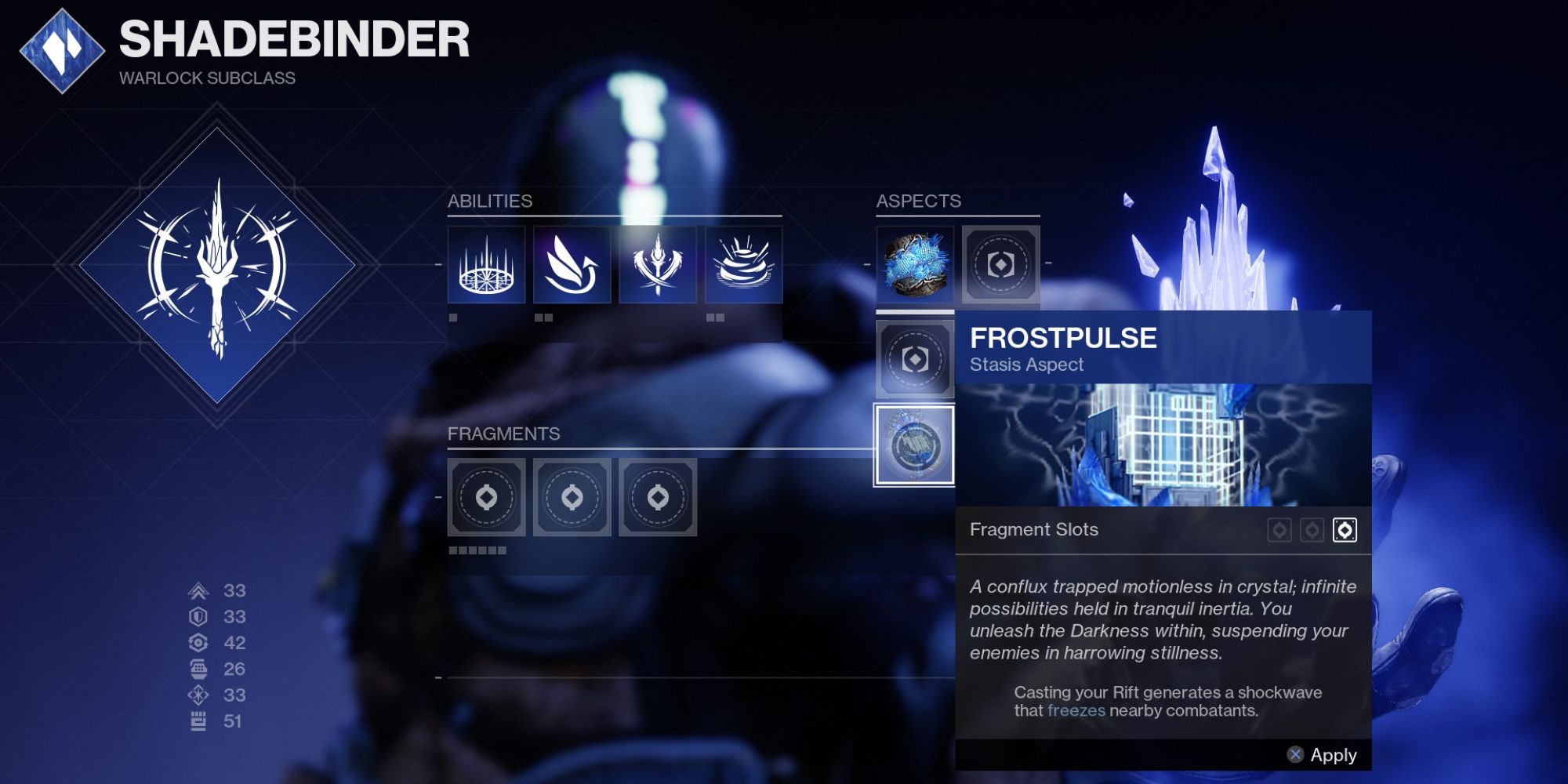 Destiny 2 new warlock stasis subclass menu with aspects and fragments