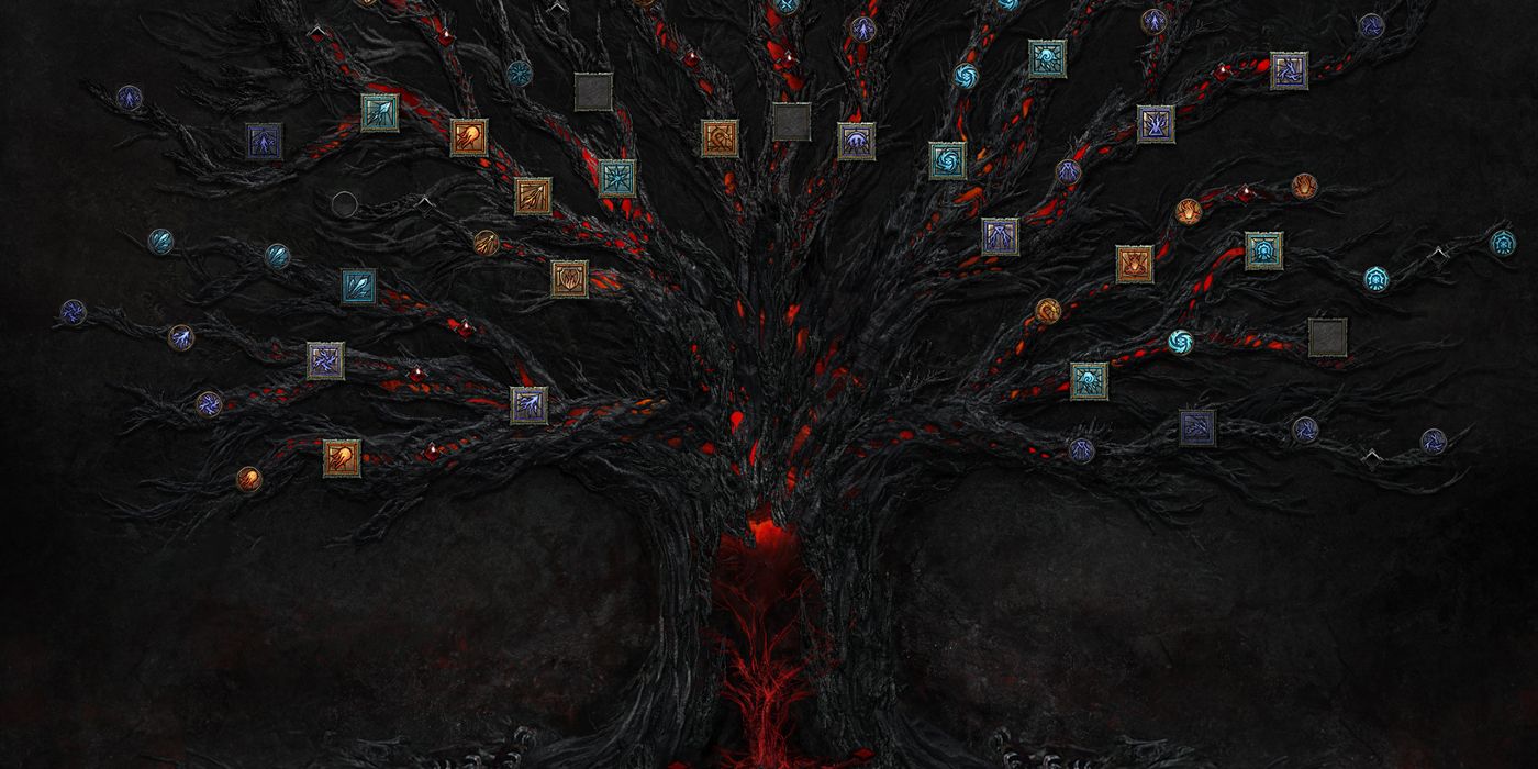 Diablo 4's skill icons arranged on a black and red skill tree.