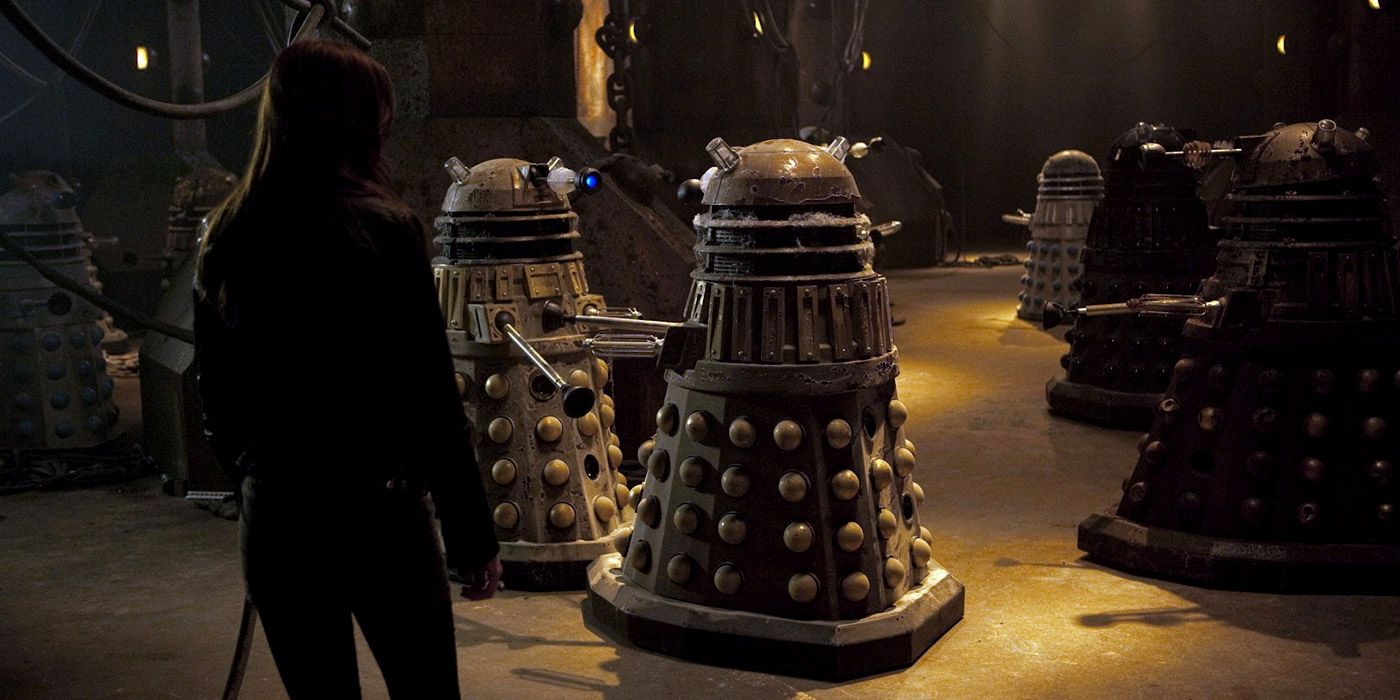 Amy Pond in a cellar full of insane Daleks in Doctor Who: Asylum of the Daleks
