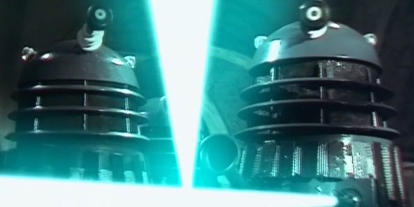 The Imperial Daleks attack Davros&rsquo;s renegade Daleks in Doctor Who: Revelation of the Daleks