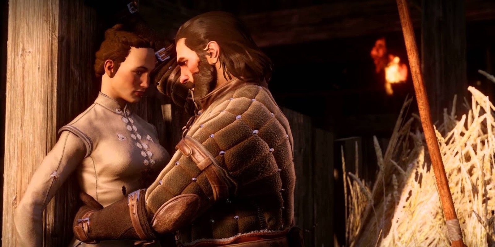 A player romances Blackwall and shares a moment with him in the Skyhold stables in Dragon Age: Inquisition
