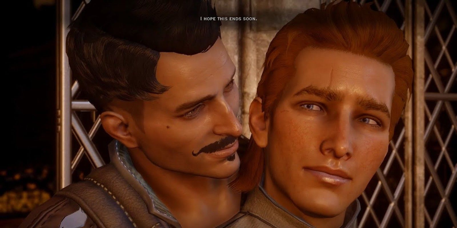 The Inquisitor romances and shares a moment with Dorian on the Skyhold balcony at the end of the game in Dragon Age: Inquisition