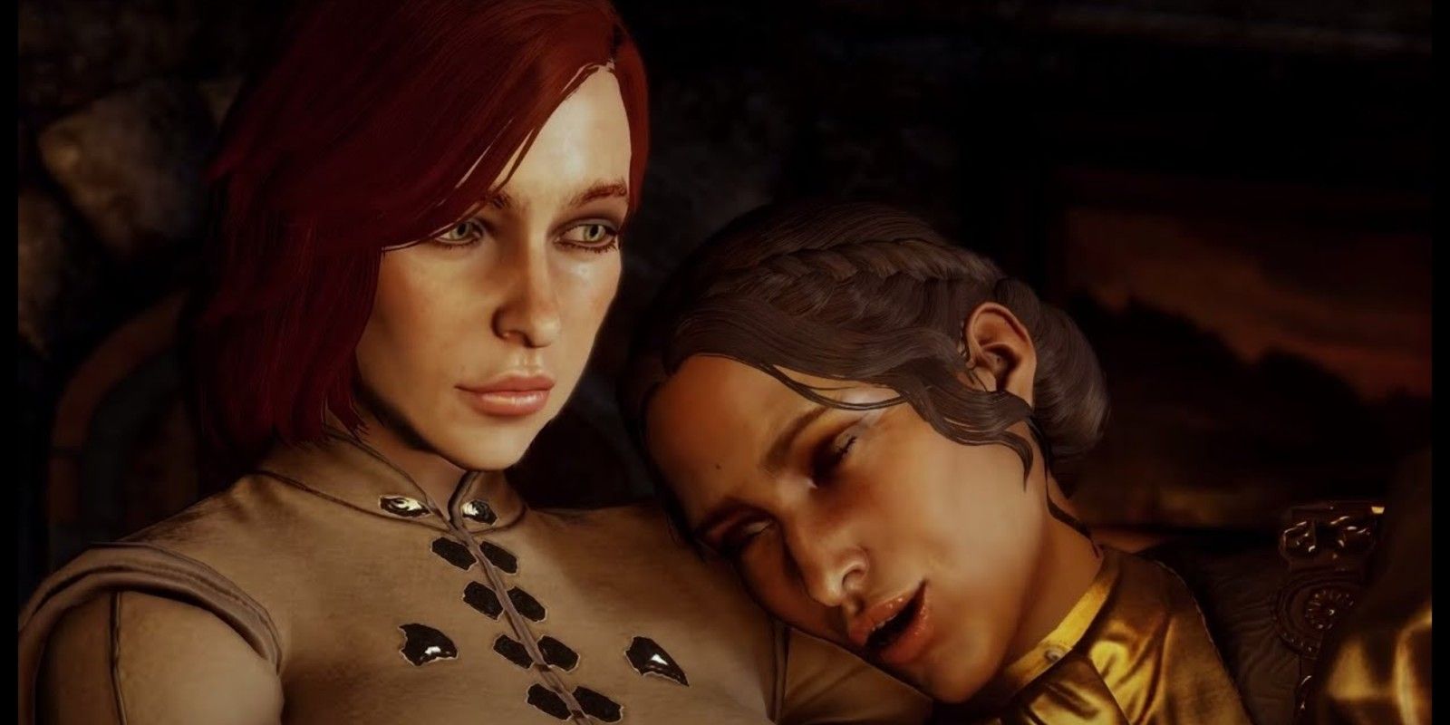 A female Inquisitor shares a romantic moment with Josephine in front of the fire after hard locking their romance in Dragon Age: Inquisition