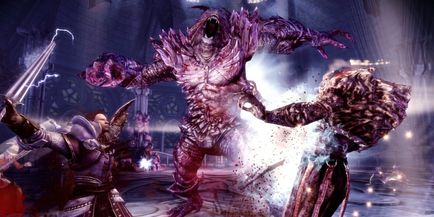 The party in Dragon Age Origins fighting a giant monster