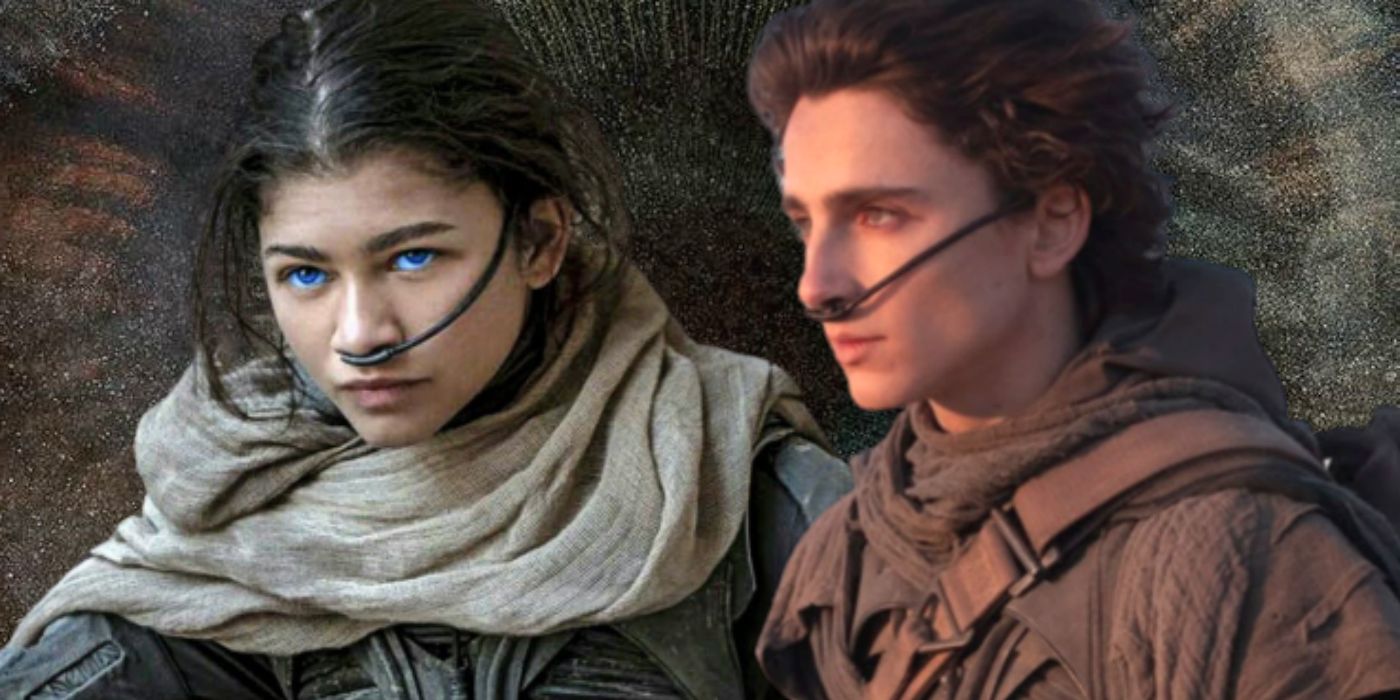 Timothee Chalamet and Zendaya looking sideways in stills from Dune