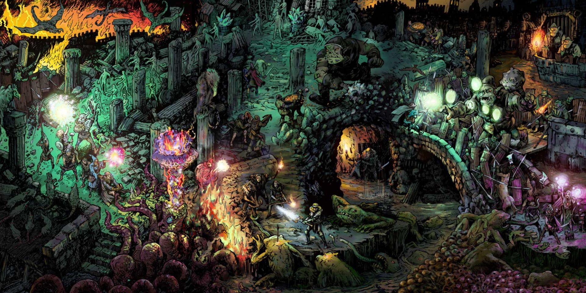 detailed colourful dungeon world picture, showing multiple environments and enemies all artfully blended together in an artistic design
