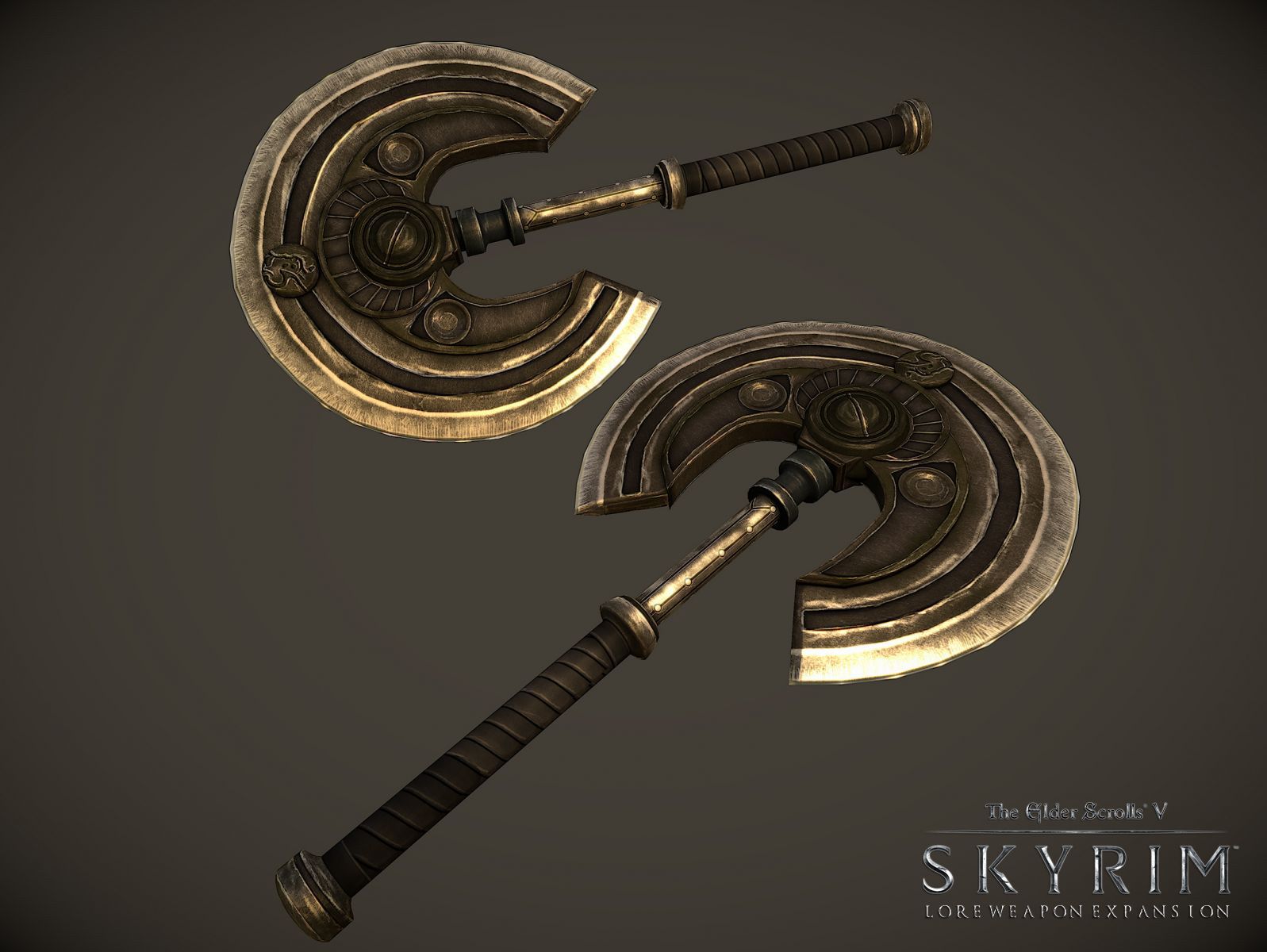 An Eastern Dwemer Battleaxe from the Lore Friendly Weapons mod in Skyrim.