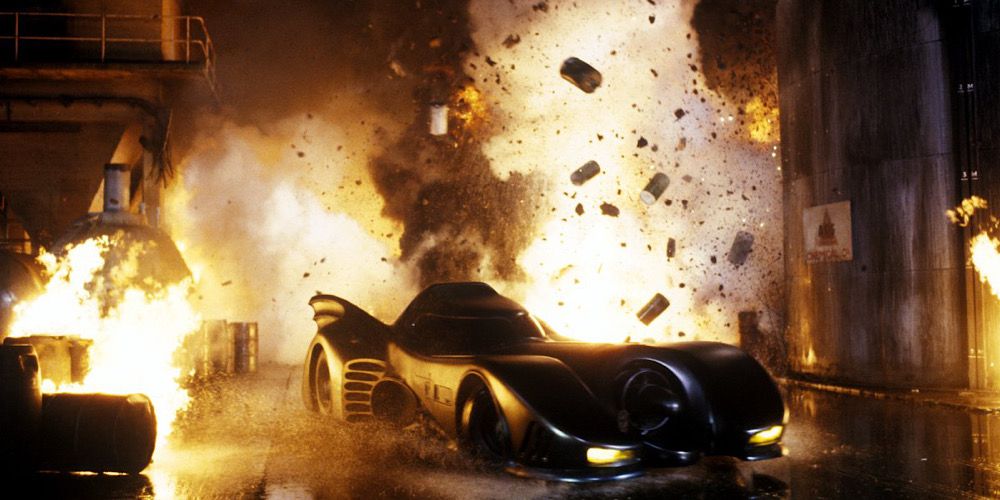 Batmobile evading explosions