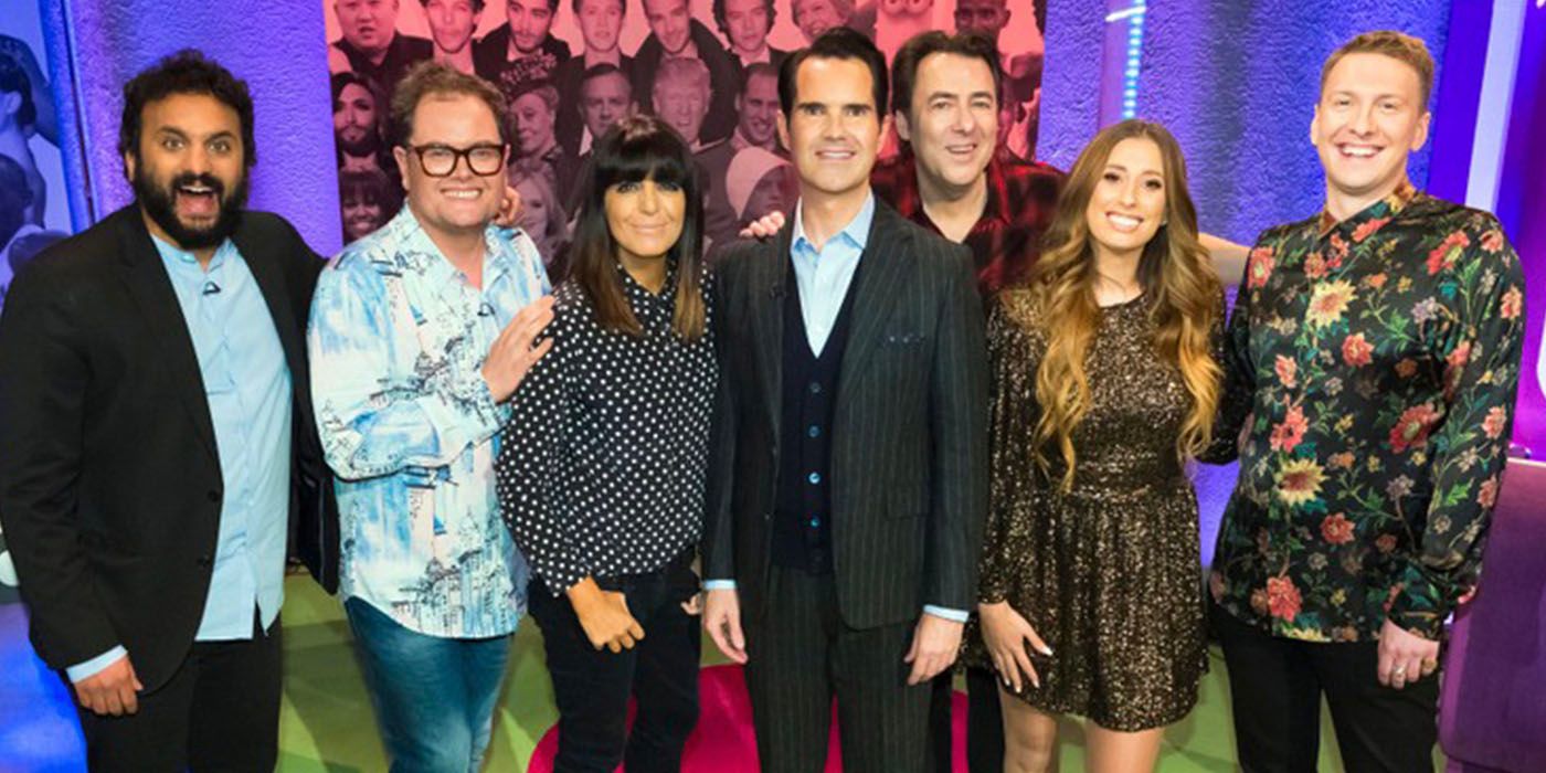 Hosts and contestants on set of Big Fat Quiz Of The Year