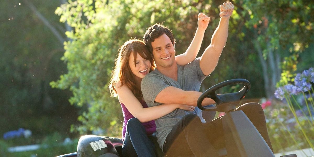 Olive and Todd Riding off on a lawnmower in Easy A