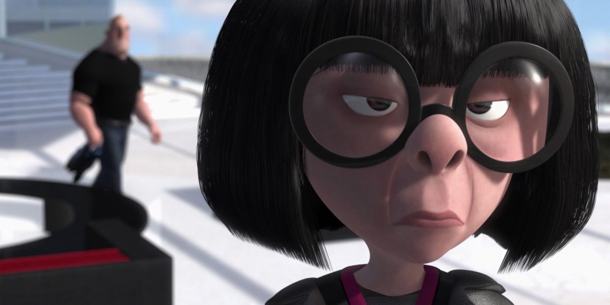 Edna Mode turns away from Bob as they talk in The Incredibles