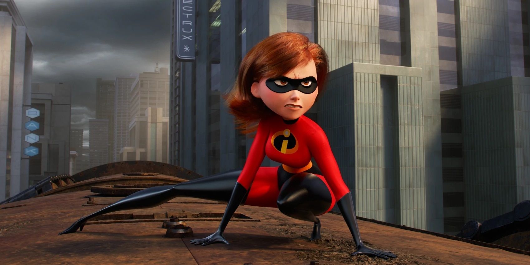 Elastigirl stands on a train in Incredibles 2