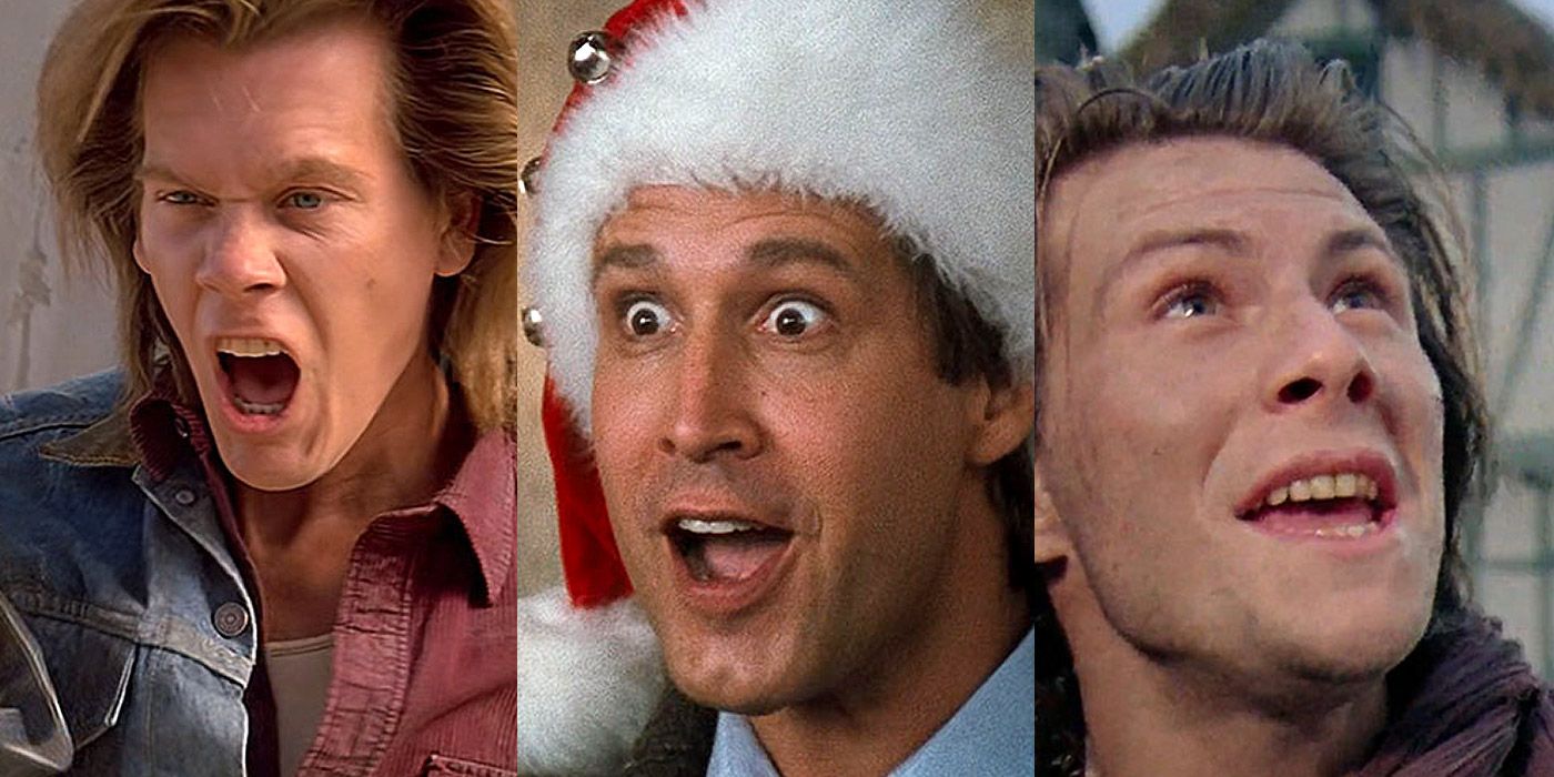 Split image of Valentine from Tremors, Clark from Christmas Vacation, and Will Scarlett from Robin Hood: Prince of Thieves