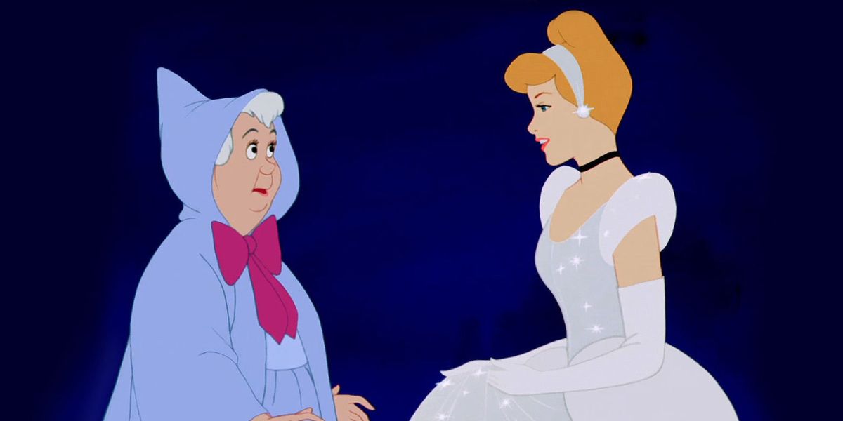 Cinderella and her fairy godmother in the 1950 Disney movie