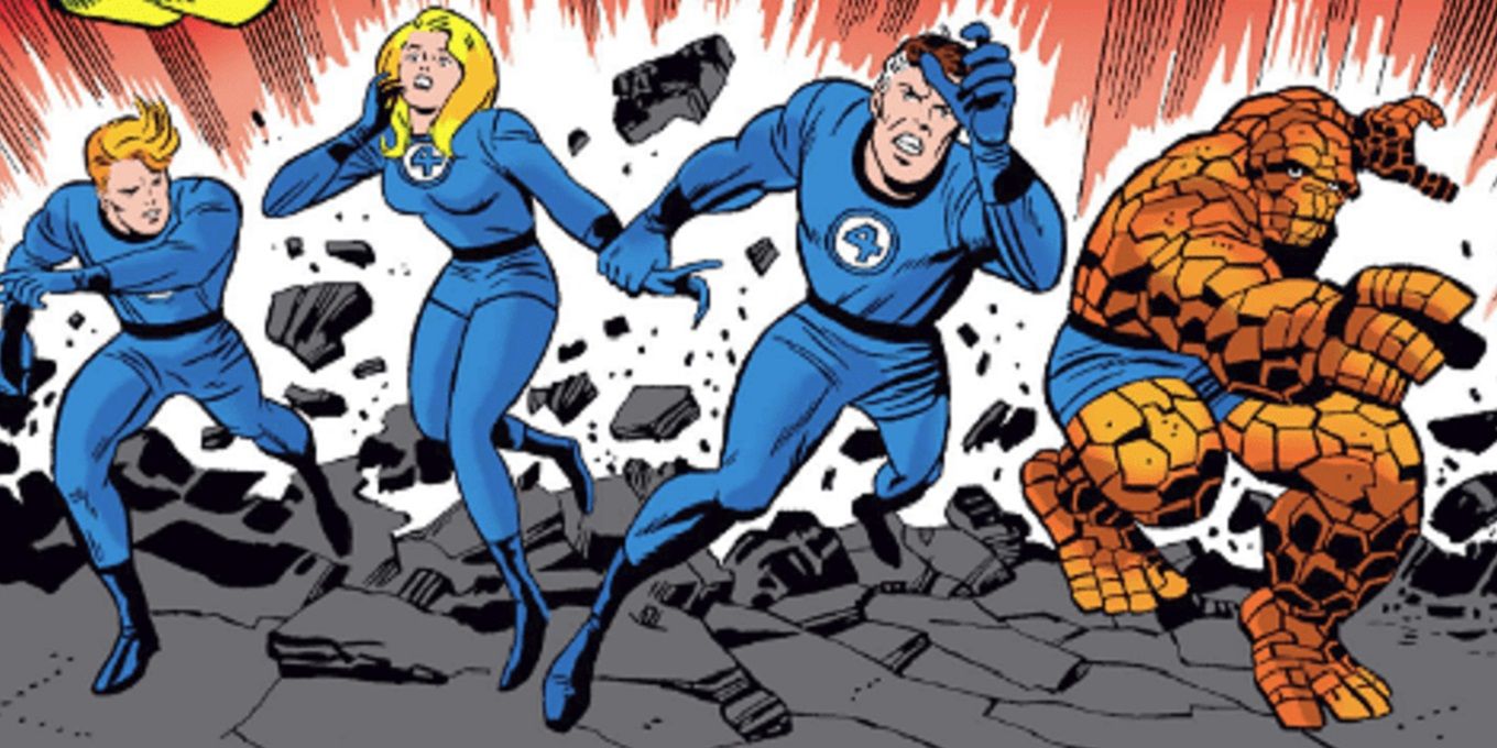 The Fantastic Four running through debris in the Marvel Comics