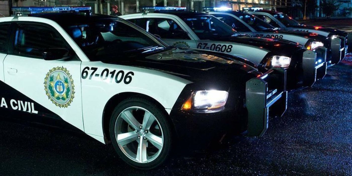 A row of Dodge Charger police cars in Fast Five