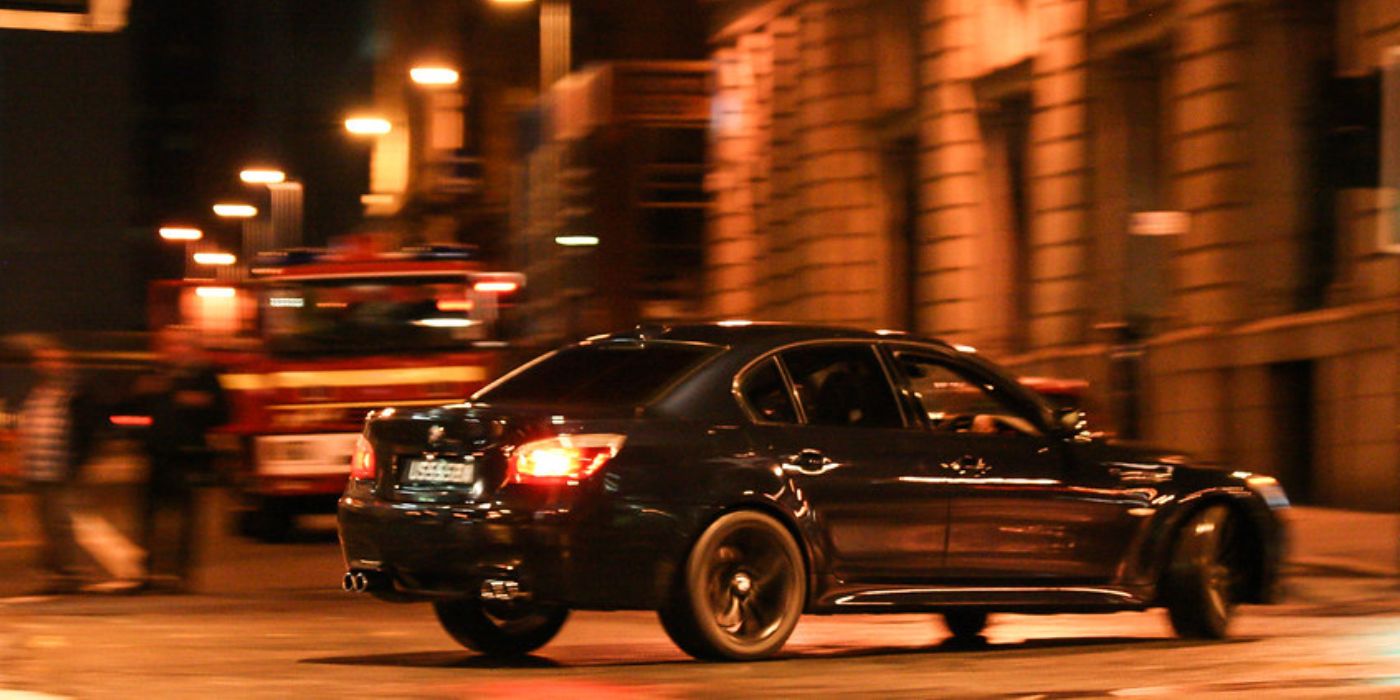 A black BMW M5 racing through London in Fast & Furious 6