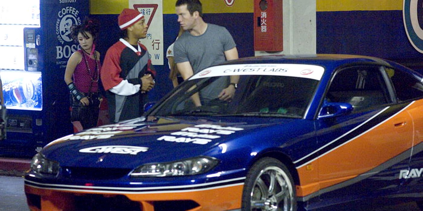 A blue and orange Nissan Silvia in a parking garage in Tokyo Drift