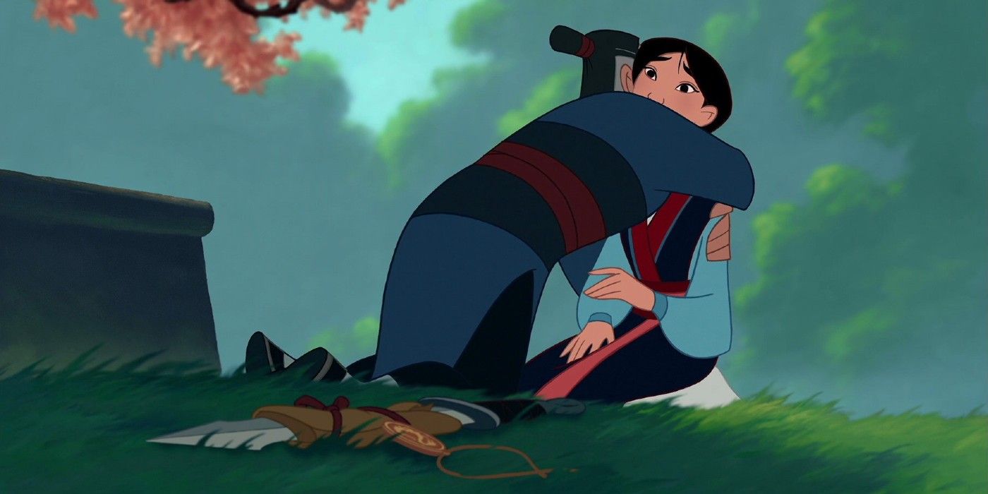 Mulan and her father kneeling on the ground hugging in Mulan 