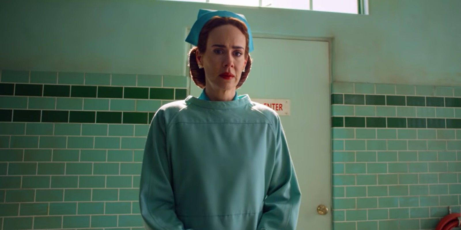 Sarah Paulson as Ratched in operating scrubs in Ratched.