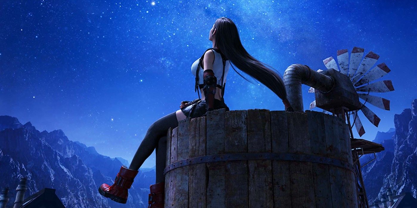 Final Fantasy's Tifa sits on a windmill.