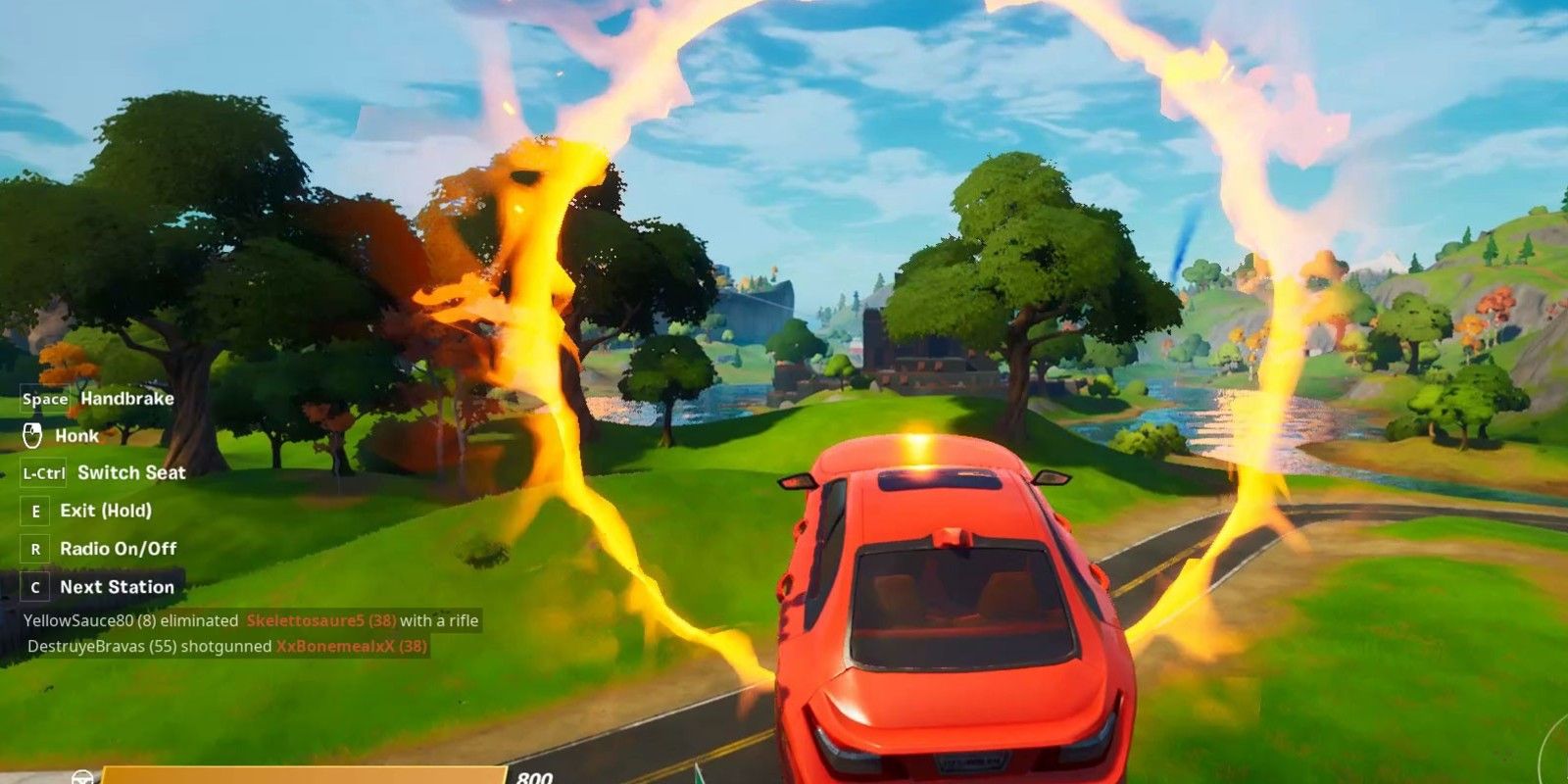 A player's car goes through the Flaming Ring at Salty Springs in Fortnite Season 4