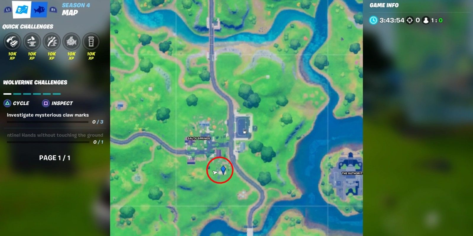 Map location of the Flaming Ring at Salty Springs in Fortnite Season 4