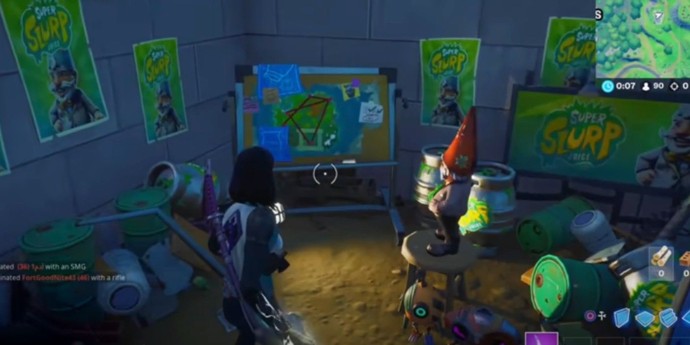 A player finds a lair east of Weeping Woods where a devious Gnome is surrounded by Slurp Juice ads and plans in Fortnite Season 4