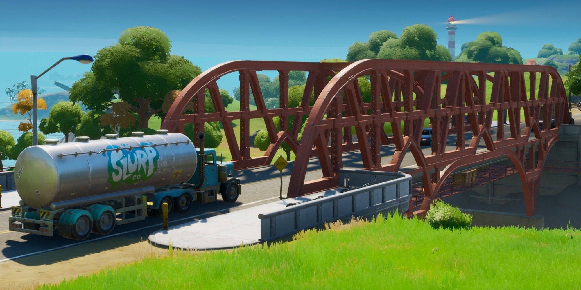 A Slurpy truck crosses the red bridge in Fortnite