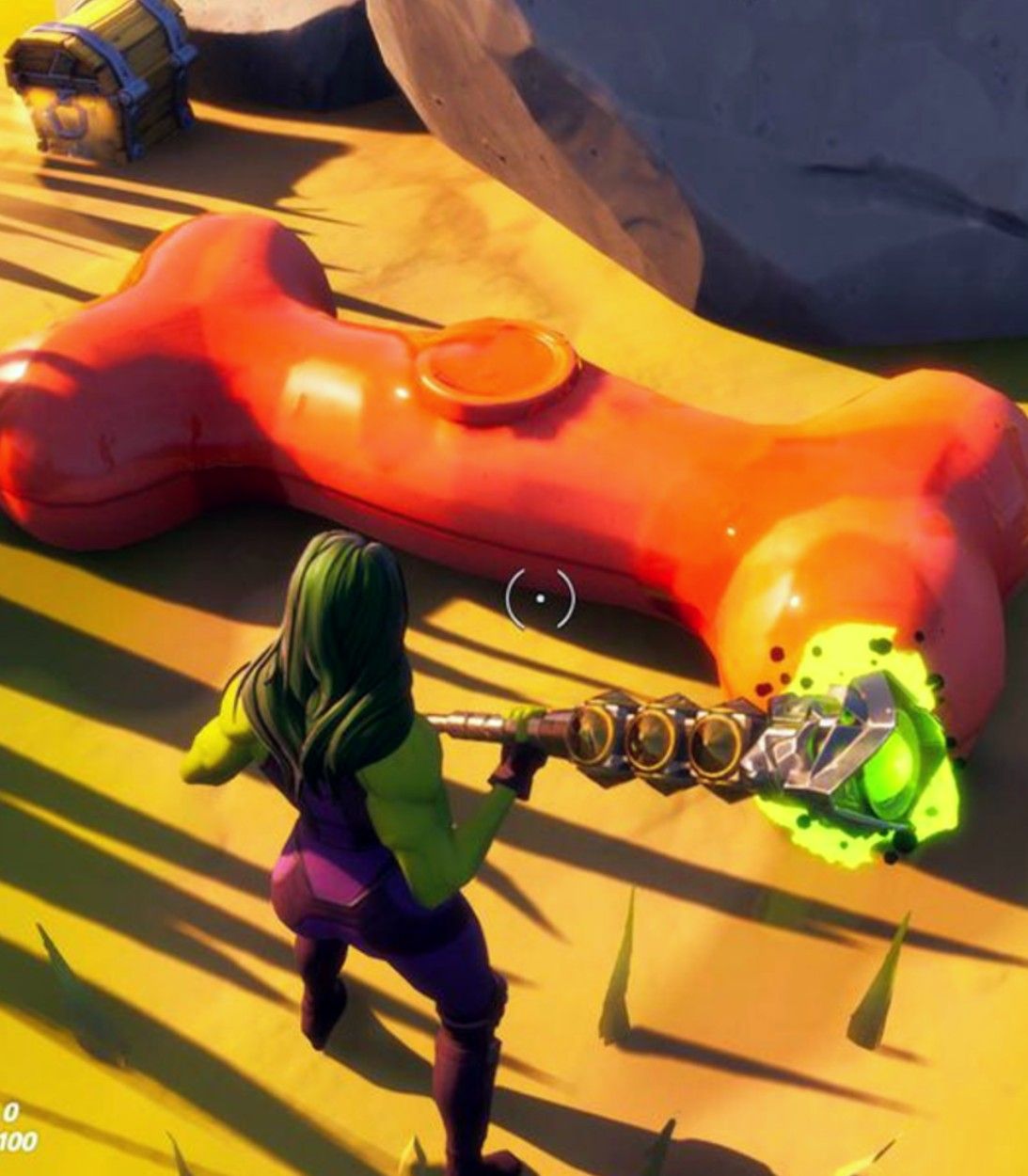 A player dressed as She-Hulk finds a rubber bone at Ant Manor in Fortnite Season 4