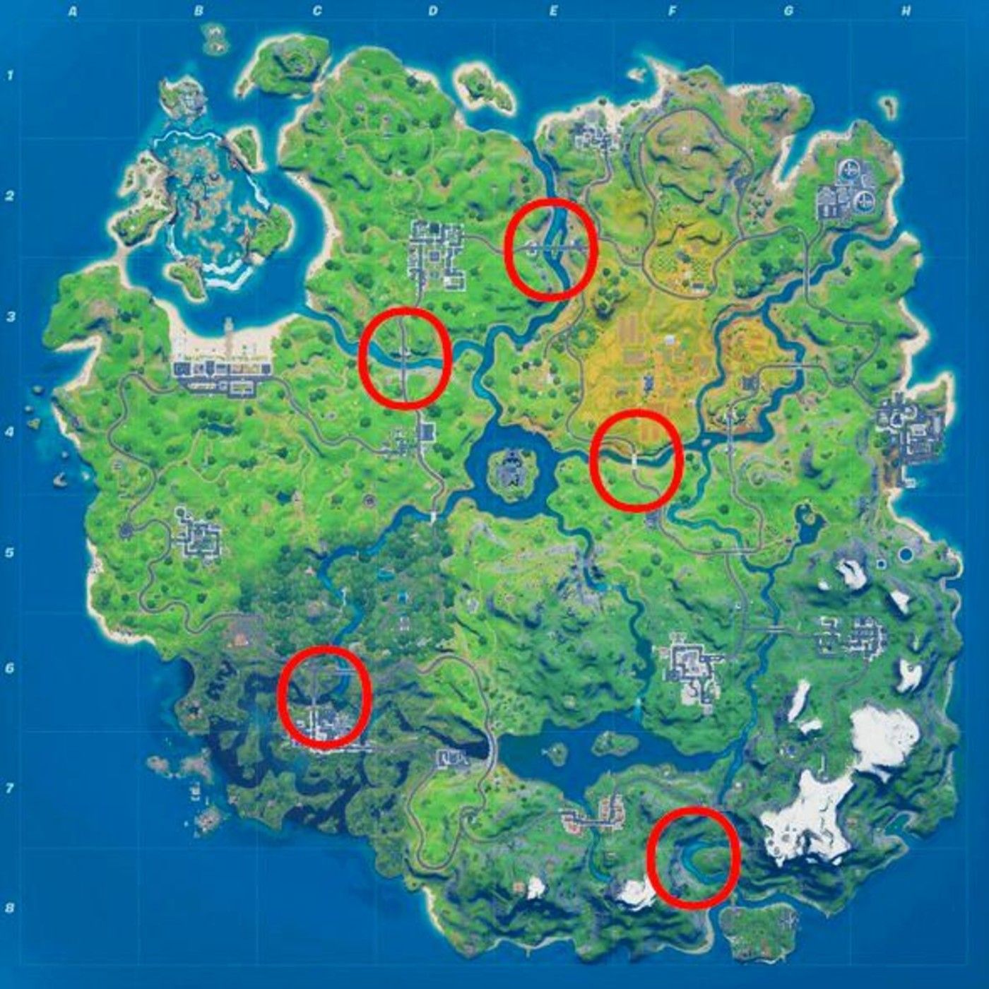 A map of all the locations of the colored bridges in Fortnite Season 4