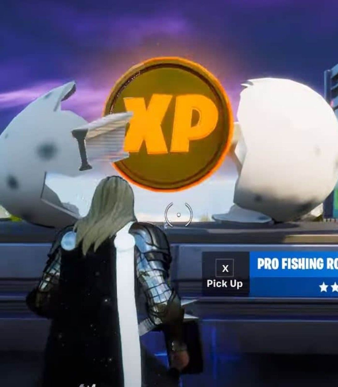 A player dressed as Thor finds the first Gold XP Coin of Fortnite Season 4 at the Collection, a new POI based on the Collector's Museum