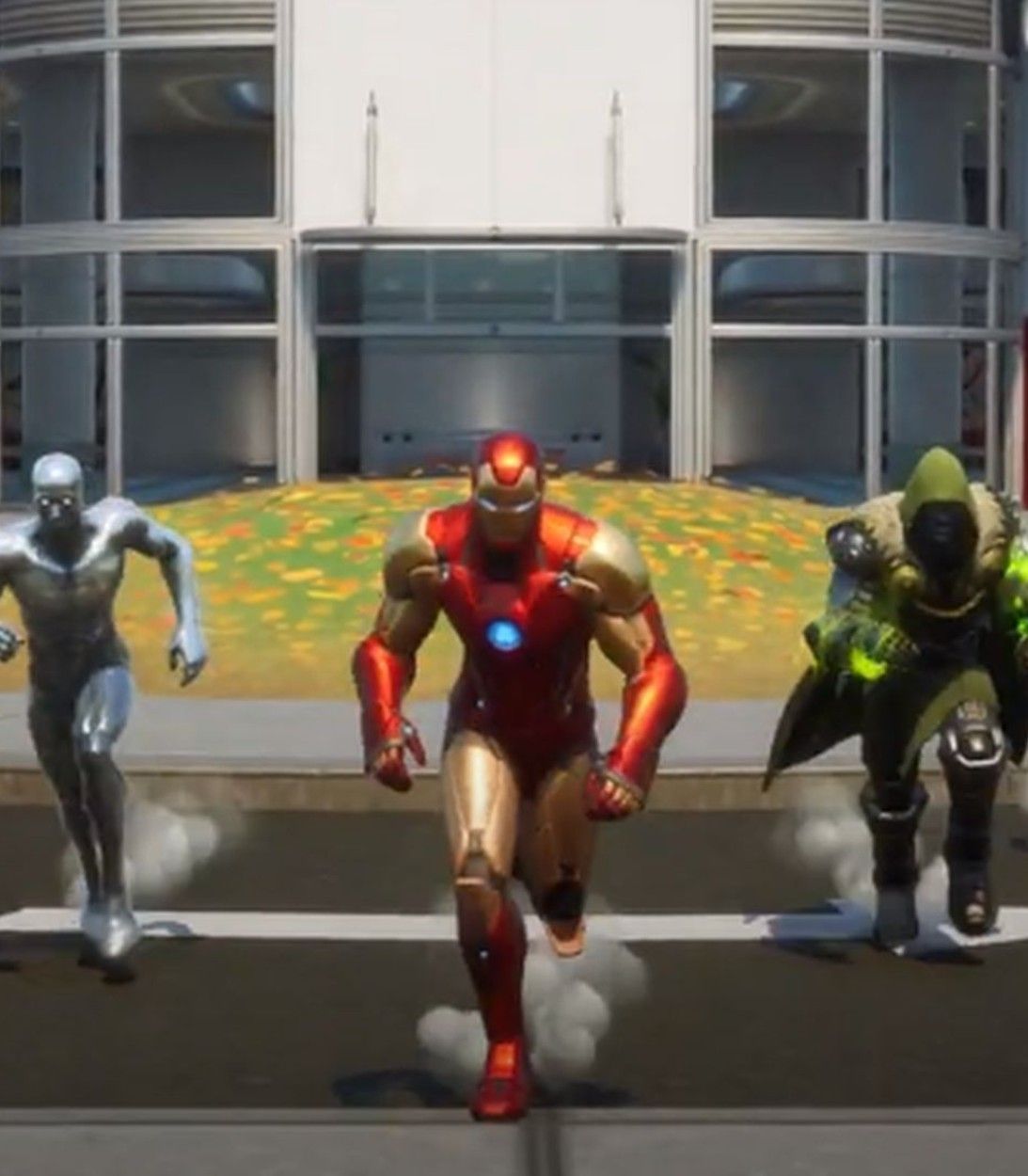 Some of the Marvel superhero characters in front of the new Stark Industries location in Fortnite Season 4