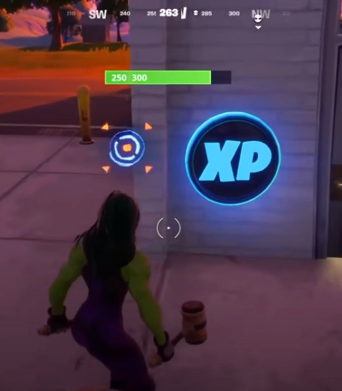 A player wears the She-Hulk skin and finds the Blue XP Coin behind the metal box near the green steel bridge in Fortnite Season 4