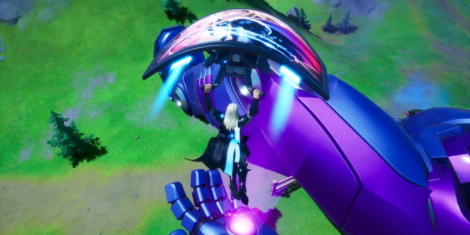 A player lands on a Sentinel hand in Fortnite Season 4