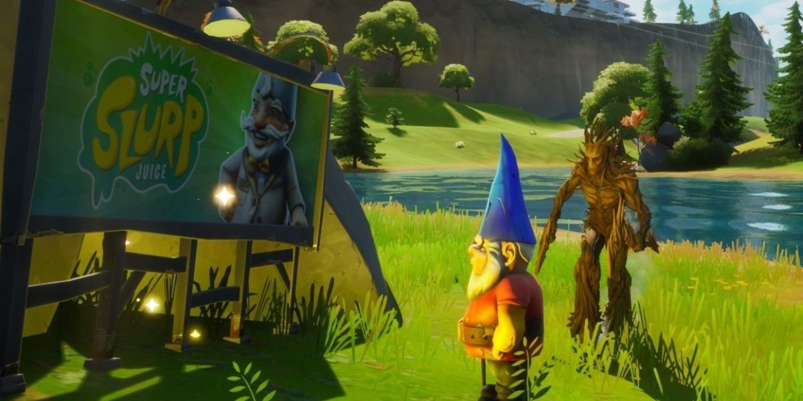 A gnome stares at the Super Slurp Juice billboard in Fortnite Season 4