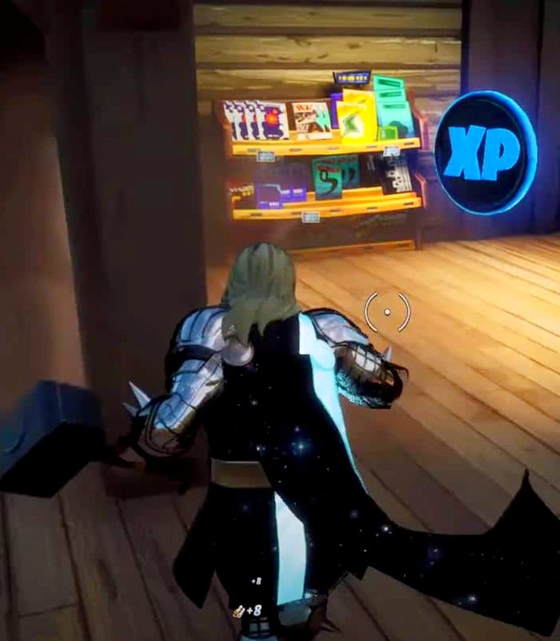 A player uses the Thor skin and finds a blue XP coin from Week 2 of Fortnite Season 4 in the Bait Shop at Misty Meadows