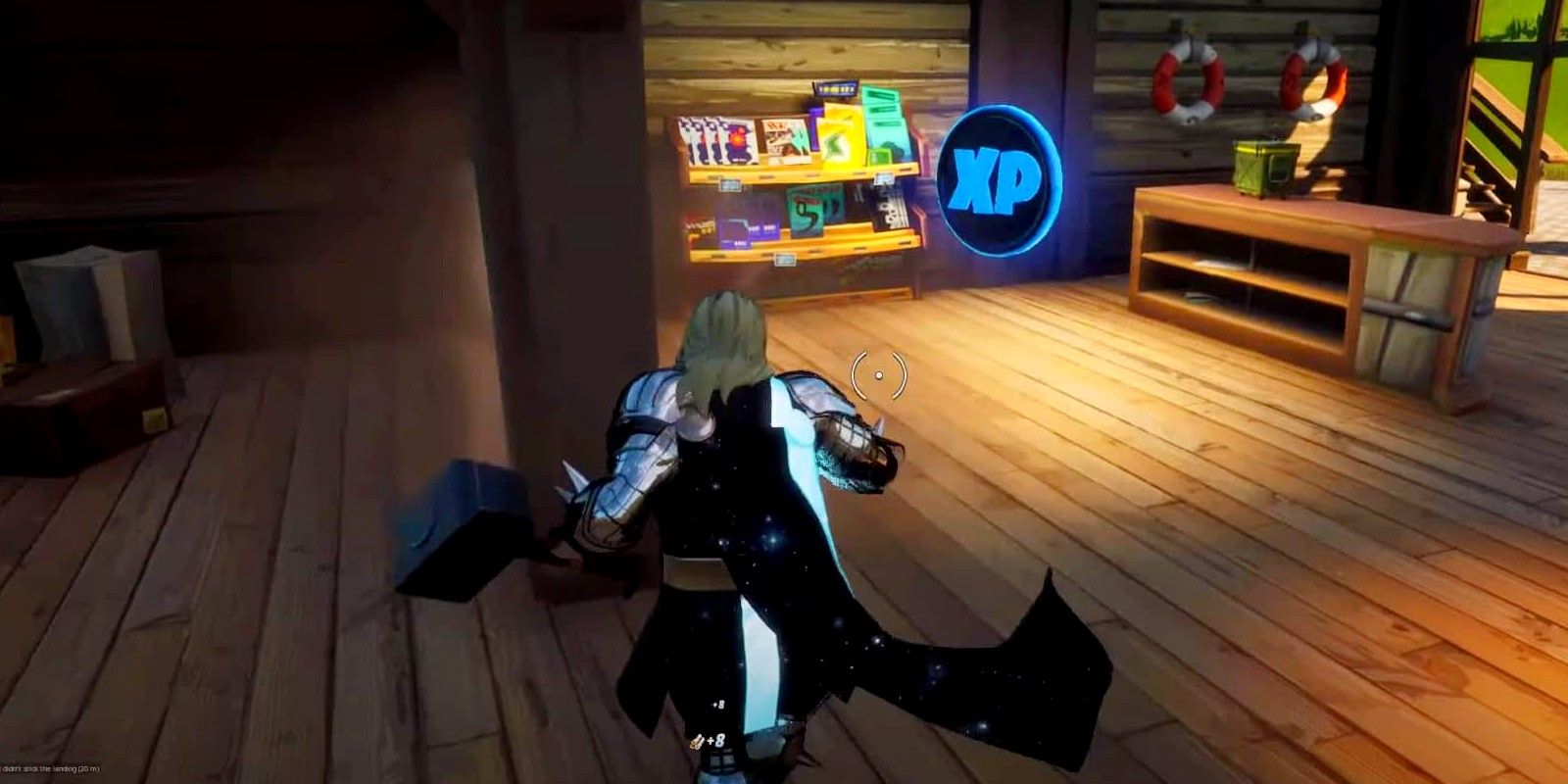A player uses the Thor skin and finds a blue XP coin from Week 2 of Fortnite Season 4 in the Bait Shop at Misty Meadows