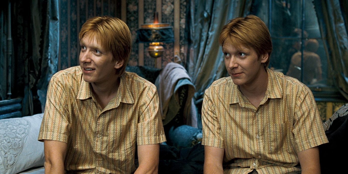 Fred and George in matching pajamas in bedroom in Harry Potter