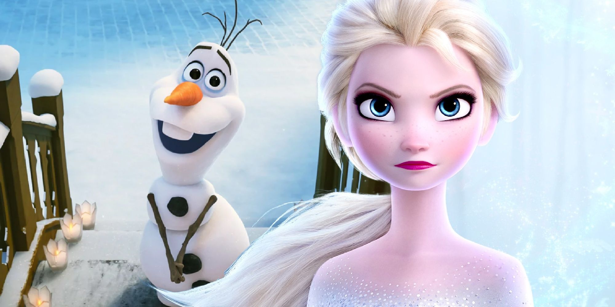A blended image features Olaf and Elsa