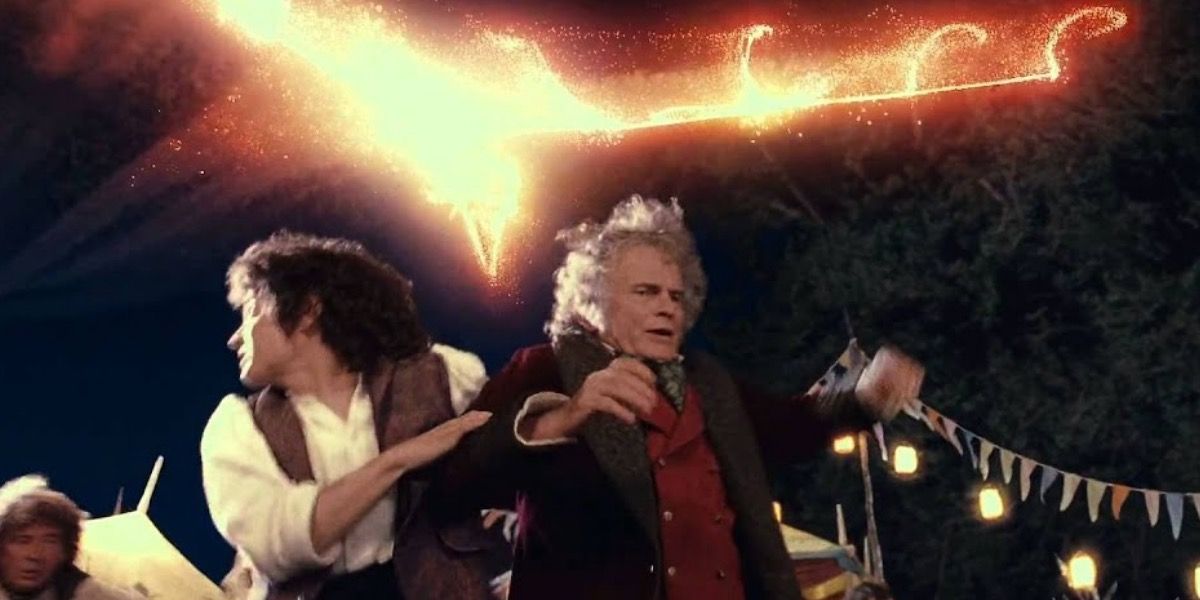 Bilbo and Frodo run from the firework dragon