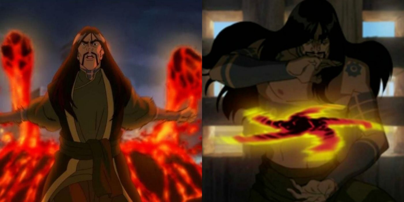 Ghazan usa suas habilidades de lavagem de lava em Legend of Korra em uma imagem de tela dividida