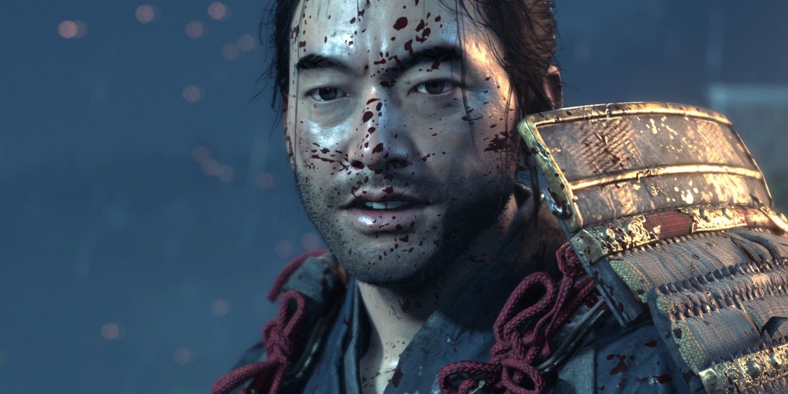 Close-up of Jin with his face spattered with blood in Ghost Tsushima 