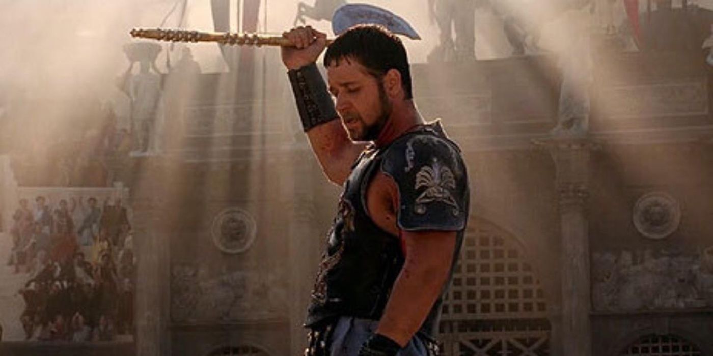 Russell Crowe lifting an axe in Gladiator