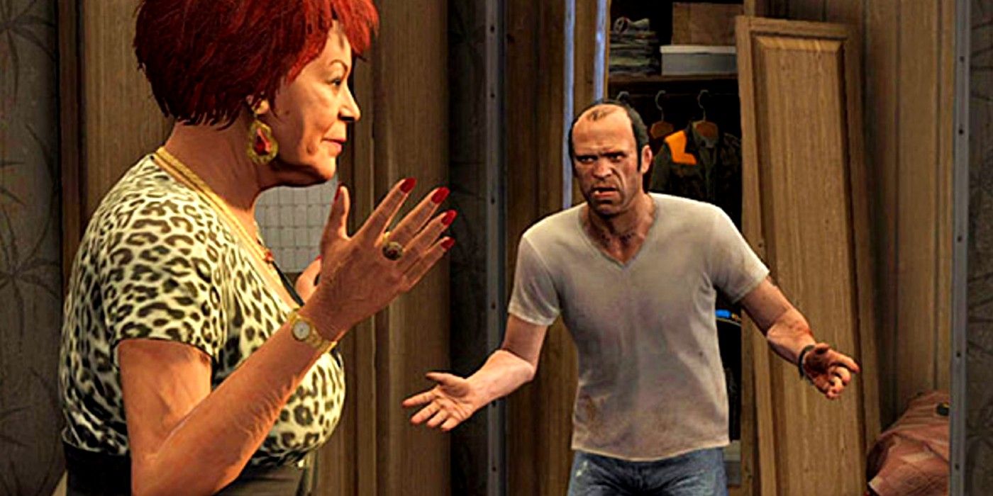 Trevor argues with his mother in his trailer in Grand Theft Auto V