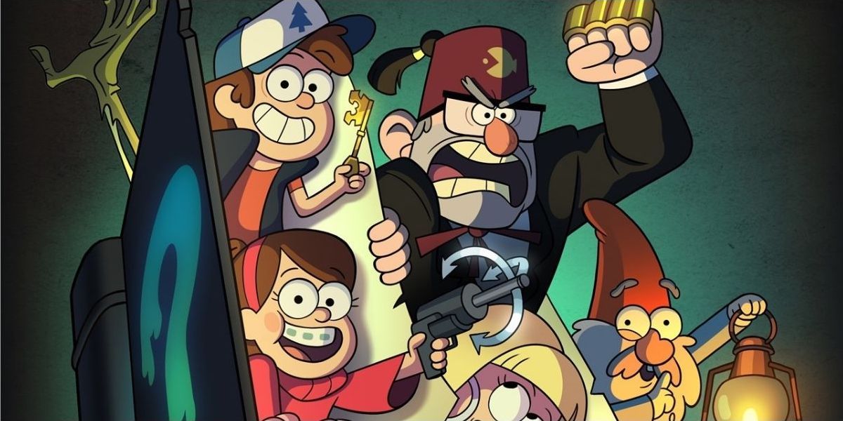 Pines family coming out of book in Gravity Falls
