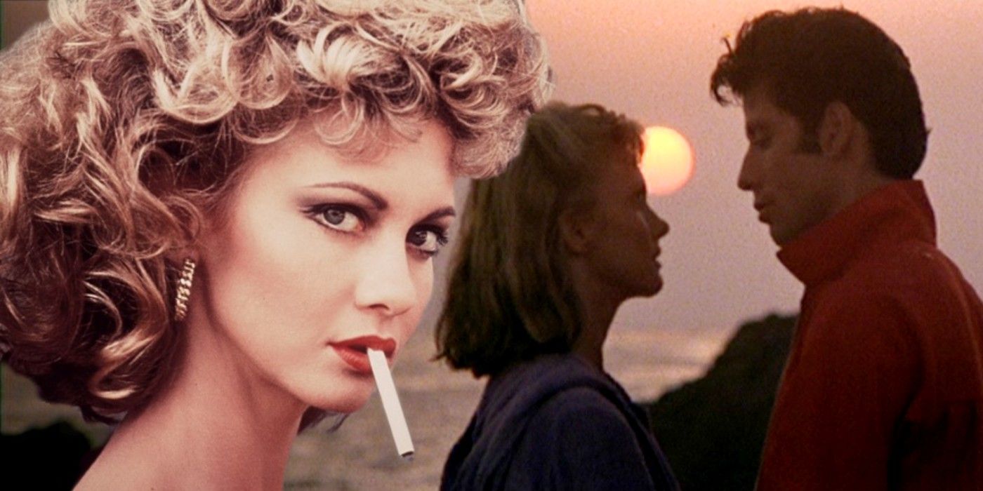 A composite image features Sandy smoking alongside Sandy and Danny on the beach in Grease