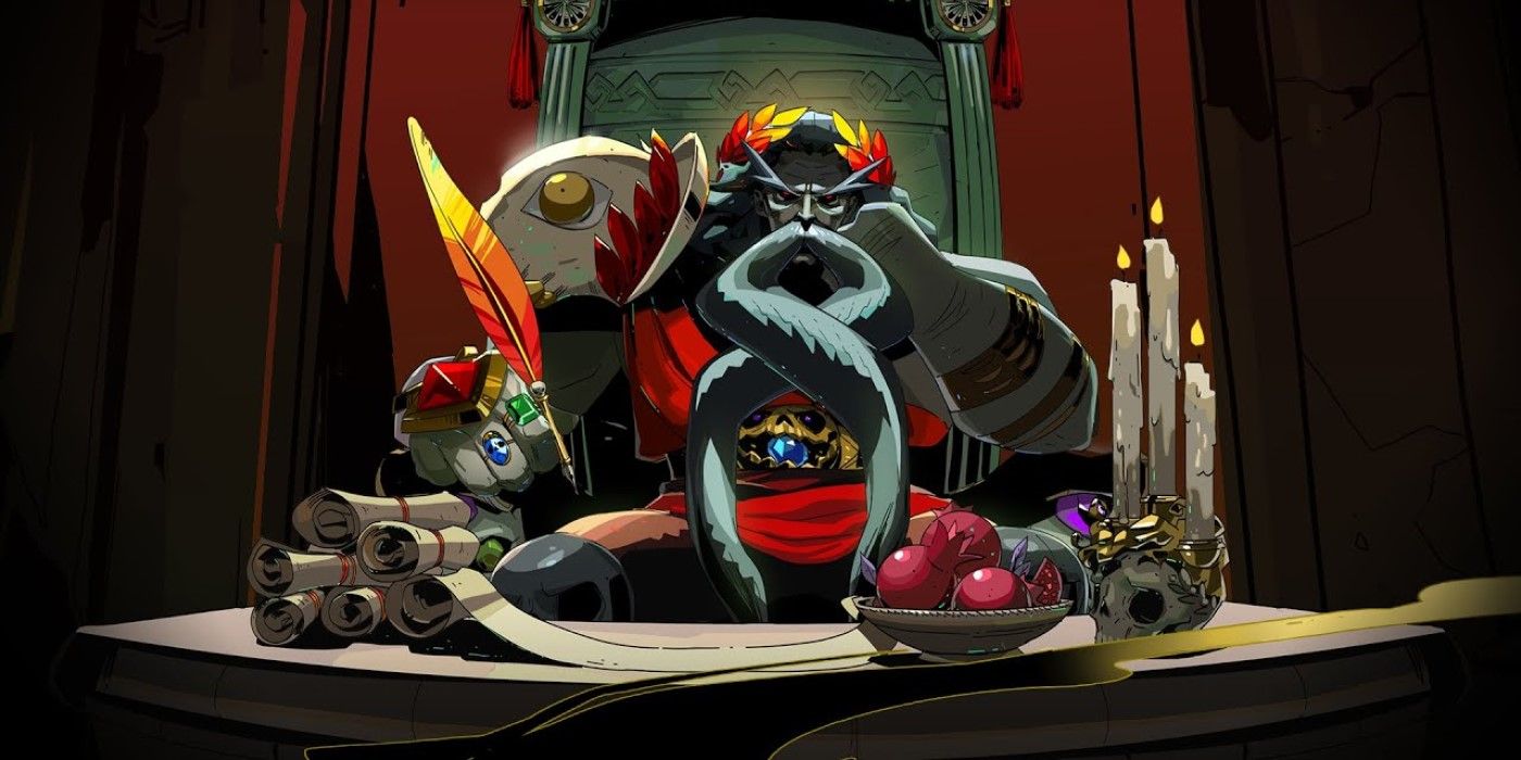 An image of Hades sitting in a chair and writing in the Hades video game